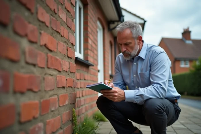 Agent immobilier inspectant les détails architecturaux d'une maison en brique pour une expertise de valeur