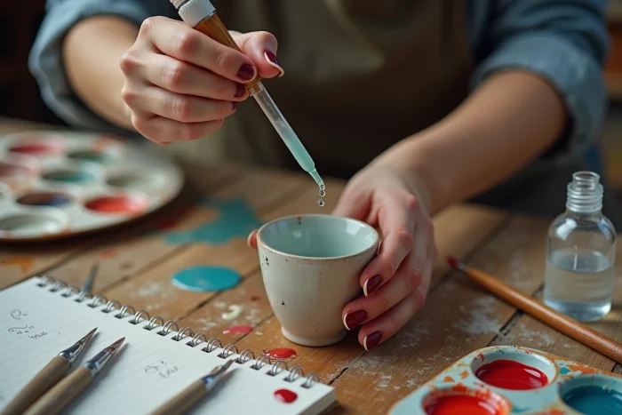 Artiste ajoutant de l'eau par petites doses progressives dans un récipient de peinture acrylique tout en mélangeant au couteau de palette