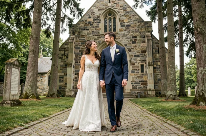 Alicia Dauby et son mari le jour de leur mariage devant une chapelle en pierre, robe en dentelle et costume bleu marine