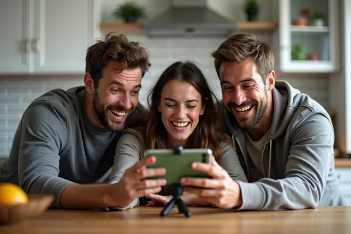Groupe d'amis regardant un match de sport en streaming sur smartphone dans une cuisine moderne