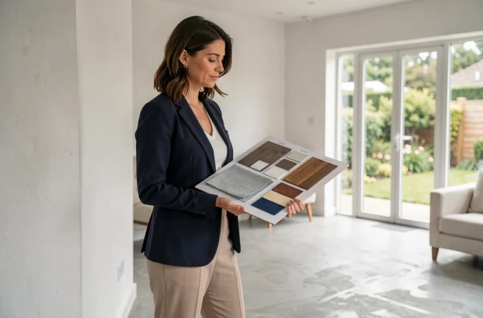 Architecte d'intérieur femme présentant des échantillons de matériaux dans un appartement en cours de rénovation
