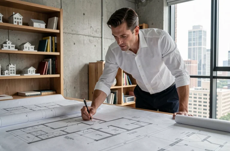 Architecte homme dans la quarantaine étudiant des plans de construction dans un studio d'architecture moderne