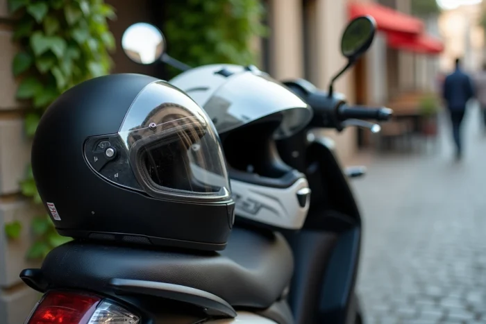 Deux casques de moto posés sur la selle d'une Benda 125 garée en ville