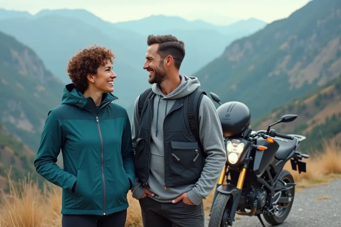 Couple faisant une pause en montagne avec une Benda 125 lors d'un voyage en duo