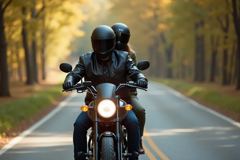 Couple en duo sur une Benda 125 sur une route de campagne en automne