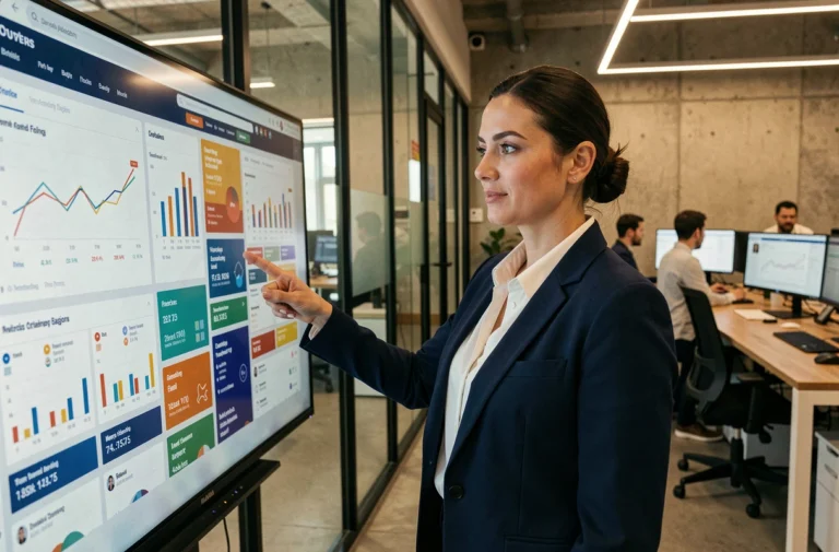 Consultante en agence web analysant des tableaux de bord de performance digitale sur un écran interactif pour booster la visibilité d'une entreprise