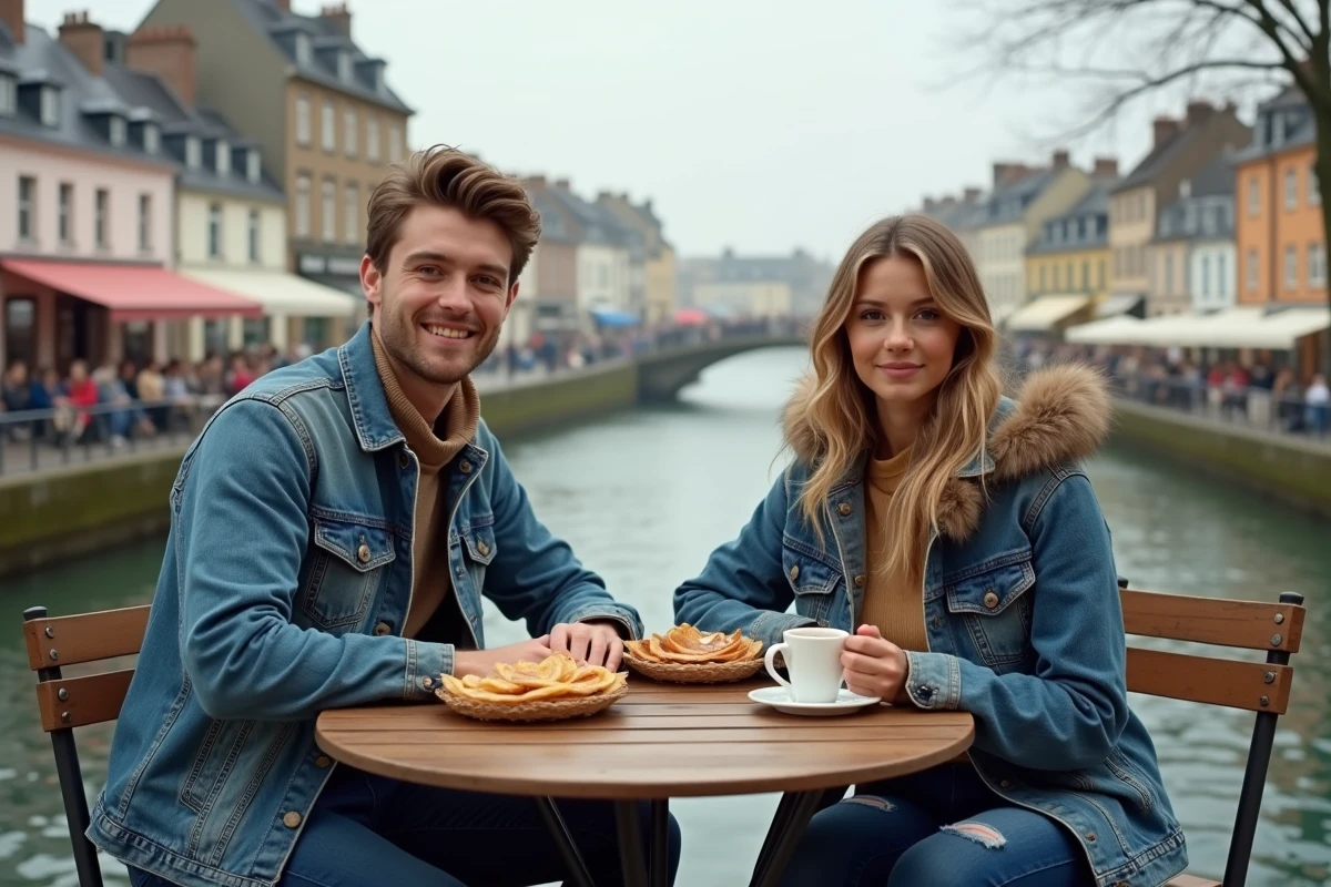 Jeune couple au café près de l Odet à Quimper