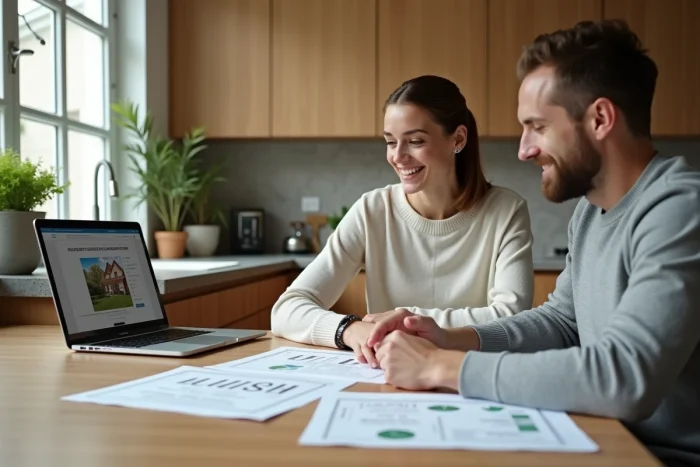 Couple consultant un rapport d'estimation immobilière sur ordinateur dans une cuisine moderne