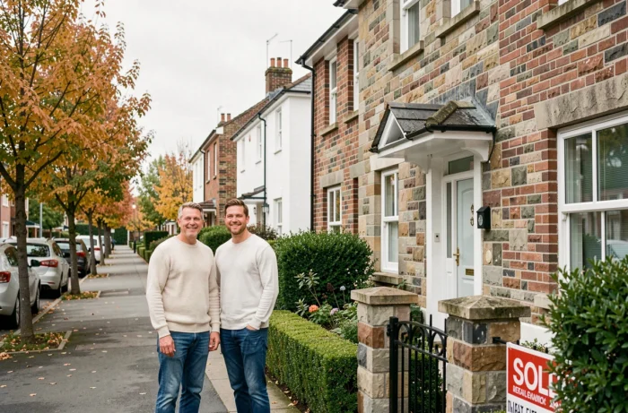 Couple devant leur nouvelle maison rénovée après un projet immobilier réussi en 2024