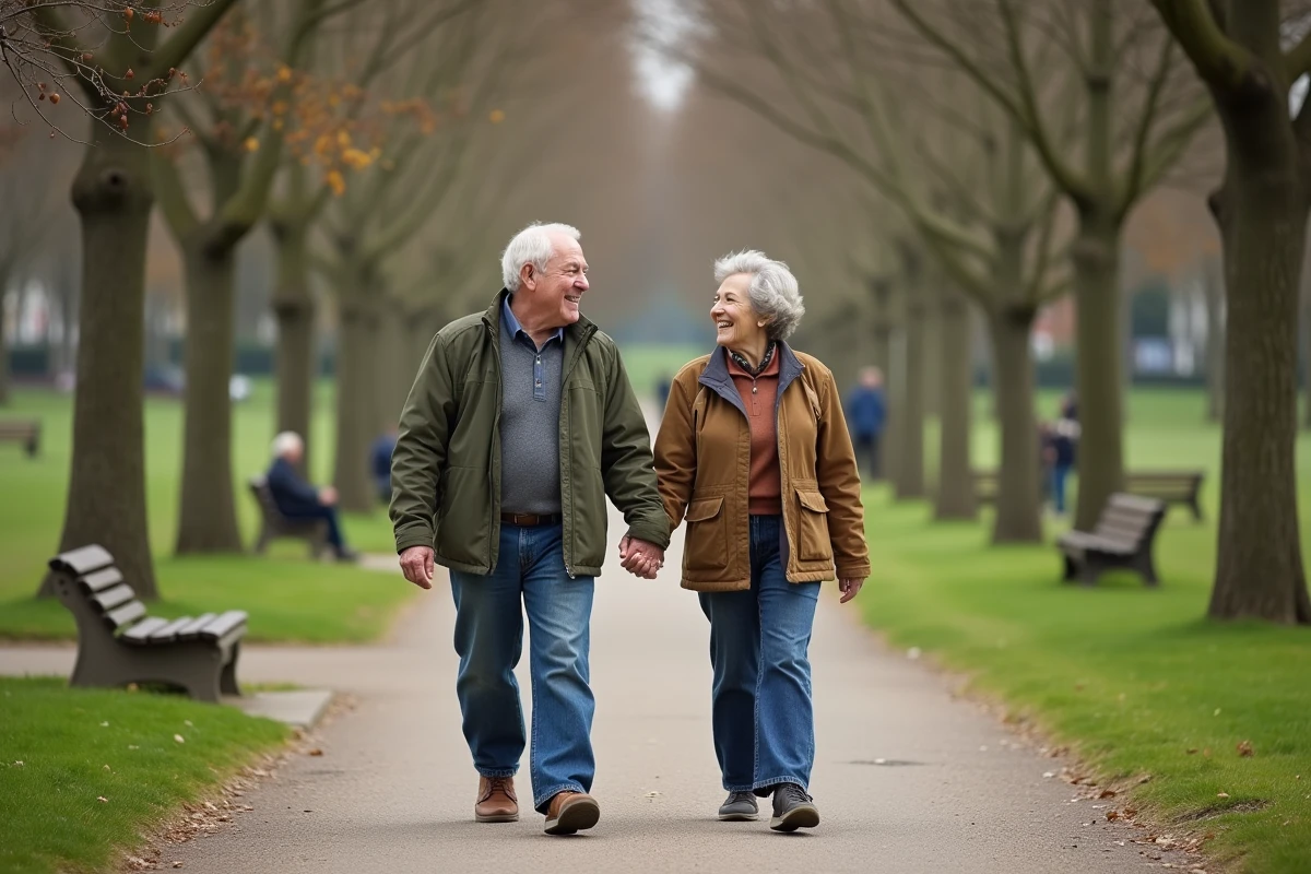 Couple retraité marchant dans un parc verdoyant