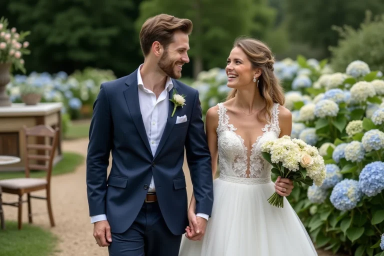 Jeune couple marié dans un jardin fleuri avec hydrangeas