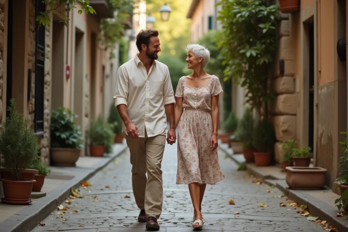 Couple se promenant sur une rue pavée européenne en automne, vie privée et complicité, style reportage authentique