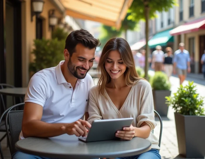 Couple consultant les options de paiement en plusieurs fois pour réserver leurs vacances sur une tablette en terrasse