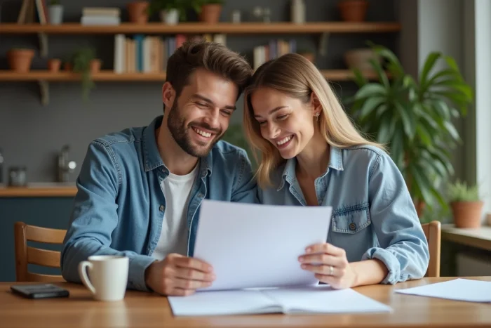 Couple souriant dans un appartement moderne en train de revoir des documents