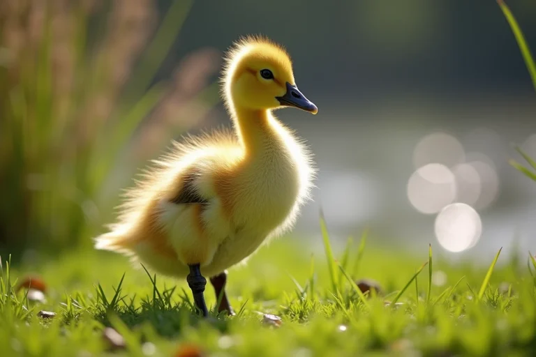 Jeune cygne jaune dans l'herbe au bord de l'eau