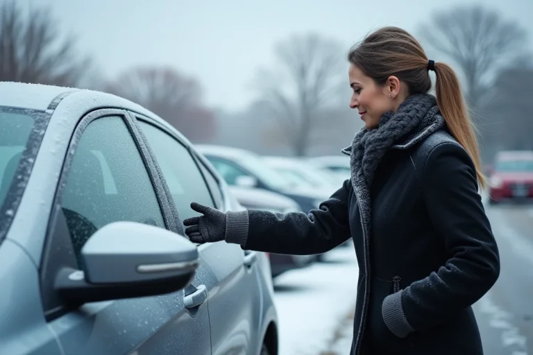 Femme en manteau d'hiver activant le dégivrage du rétroviseur sur une voiture givrée dans un parking enneigé