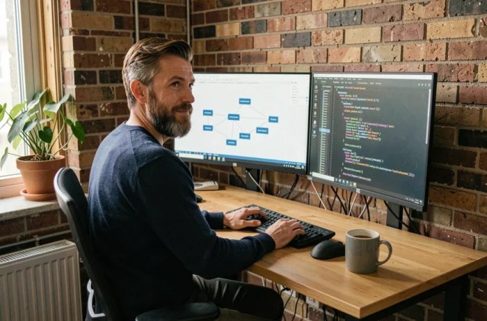 Un développeur web travaillant sur la structure d'un sitemap XML avec deux écrans affichant l'arborescence d'un site web pour optimiser le référencement naturel