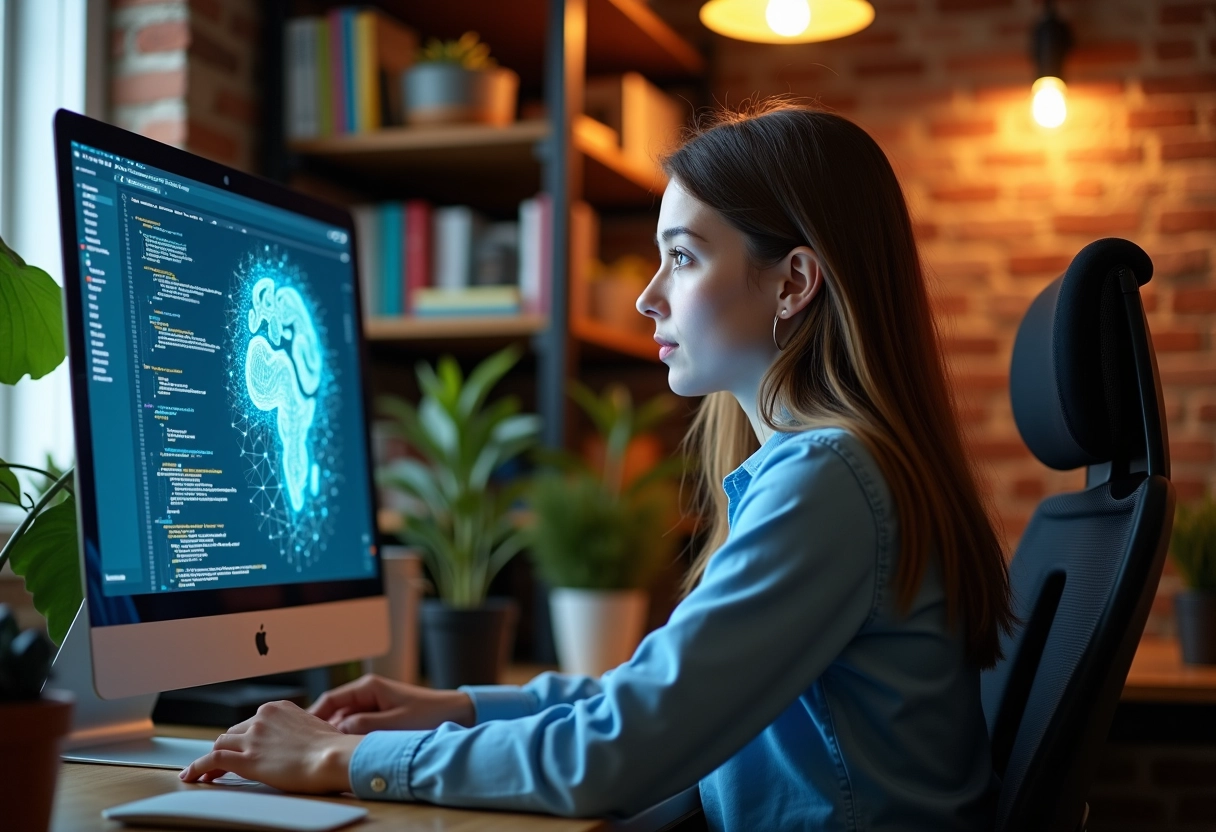 Jeune femme développeuse travaillant sur code IA dans un espace startup