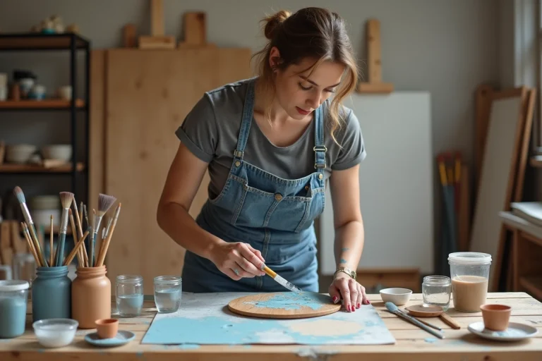 Artiste peintre devant une table d'atelier couverte de tubes de peinture acrylique, pinceaux et récipients de mélange pour illustrer le calcul de dilution