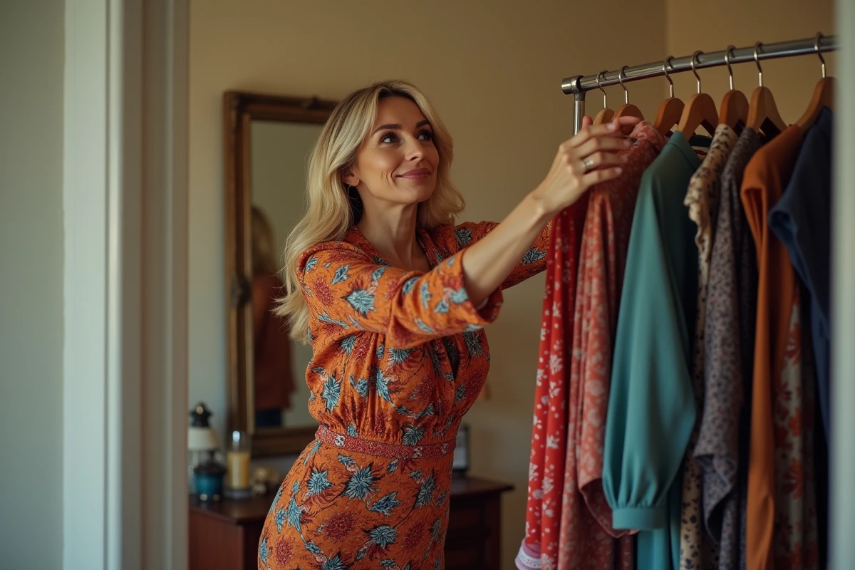 Femme sélectionnant une robe dans un dressing