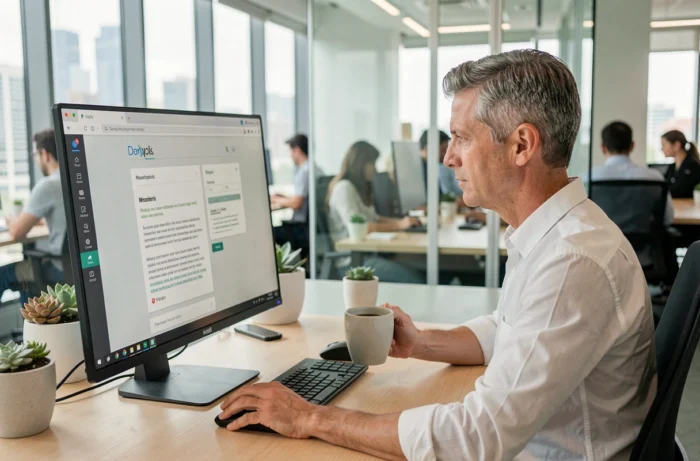Entrepreneur consultant les recommandations d'une agence web innovante pour développer la visibilité en ligne de son entreprise