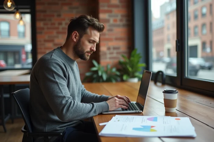 Entrepreneur concentré travaillant sur des offres de services innovantes dans un espace de coworking moderne