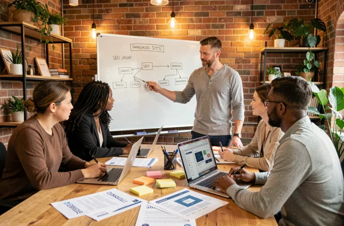 Équipe d'une agence web innovante collaborant autour d'une stratégie digitale pour améliorer la visibilité d'une entreprise cliente