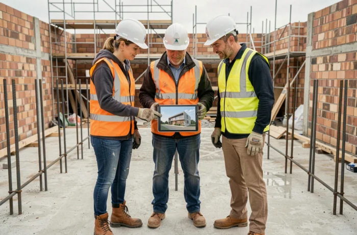 Équipe de professionnels du bâtiment en veste de sécurité consultant une tablette sur un chantier de construction