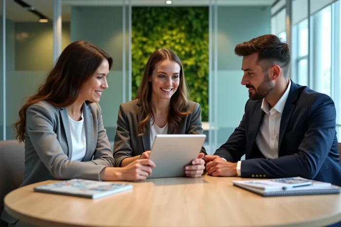 Équipe de collègues collaborant autour d'un catalogue de services innovants sur tablette lors d'une réunion de travail