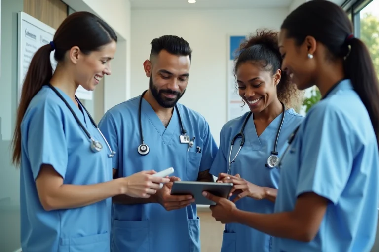 Professionnels de santé divers autour d'une tablette numérique