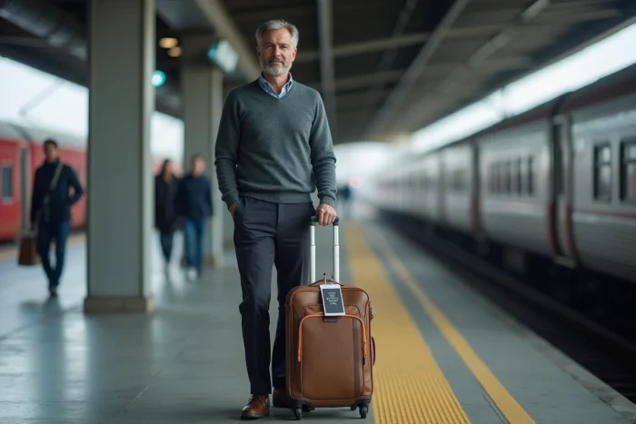 Homme sur un quai de gare avec un sac de voyage équipé d'une étiquette bagage imprimée visible sur la poignée