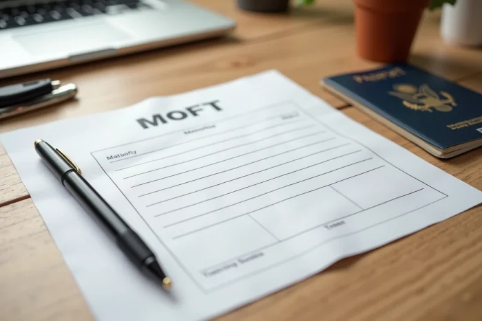 Étiquette bagage PDF imprimée posée sur un bureau avec passeport et carte d'embarquement pour un voyage en avion