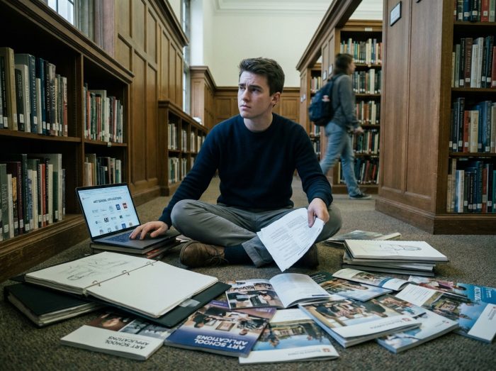 Jeune homme réfléchissant à son orientation en prépa art entouré de brochures et portfolios dans une bibliothèque universitaire