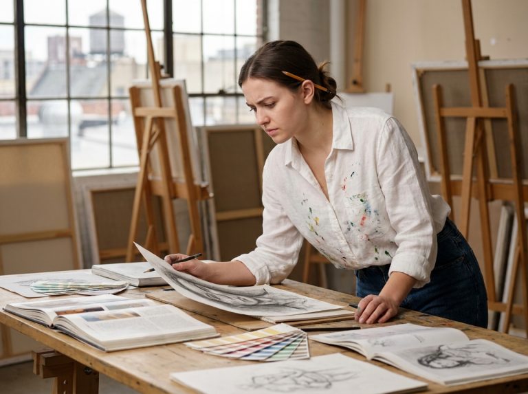 Étudiante en prépa art analysant ses esquisses sur une table de travail dans un atelier de beaux-arts