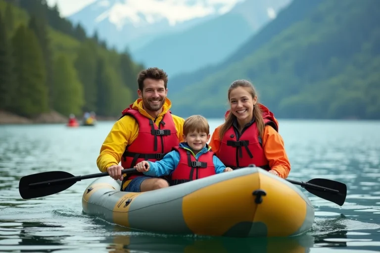 Famille en kayak sur un lac calme en pleine nature