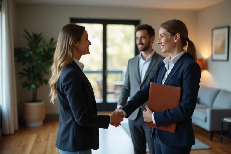 Femme d affaires serrant la main d un jeune couple dans un intérieur moderne