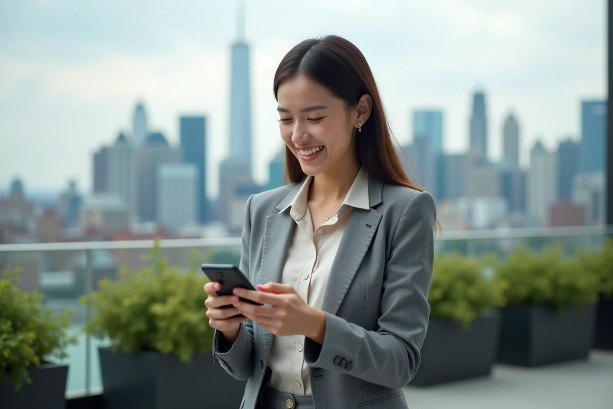 Jeune femme en costume vérifiant ses actions en extérieur