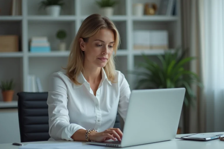 Femme d'âge moyen au bureau consulte un site officiel