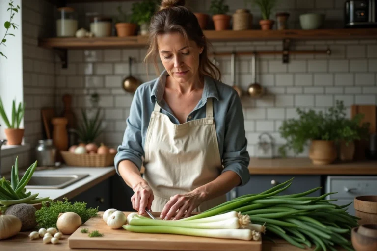 Femme en cuisine coupant des oignons frais et alternatives