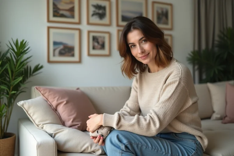 Femme arrangeant des coussins sur un canapé moderne dans un salon cosy