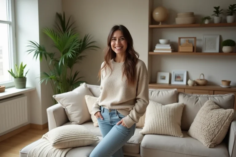 Femme arrangeant des coussins dans un salon moderne