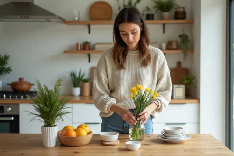Femme arrangeant des fleurs dans une cuisine lumineuse