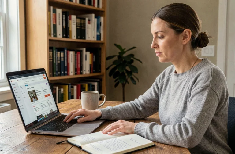 Femme suivant une formation professionnelle en ligne depuis son bureau à domicile avec un ordinateur portable et des notes manuscrites