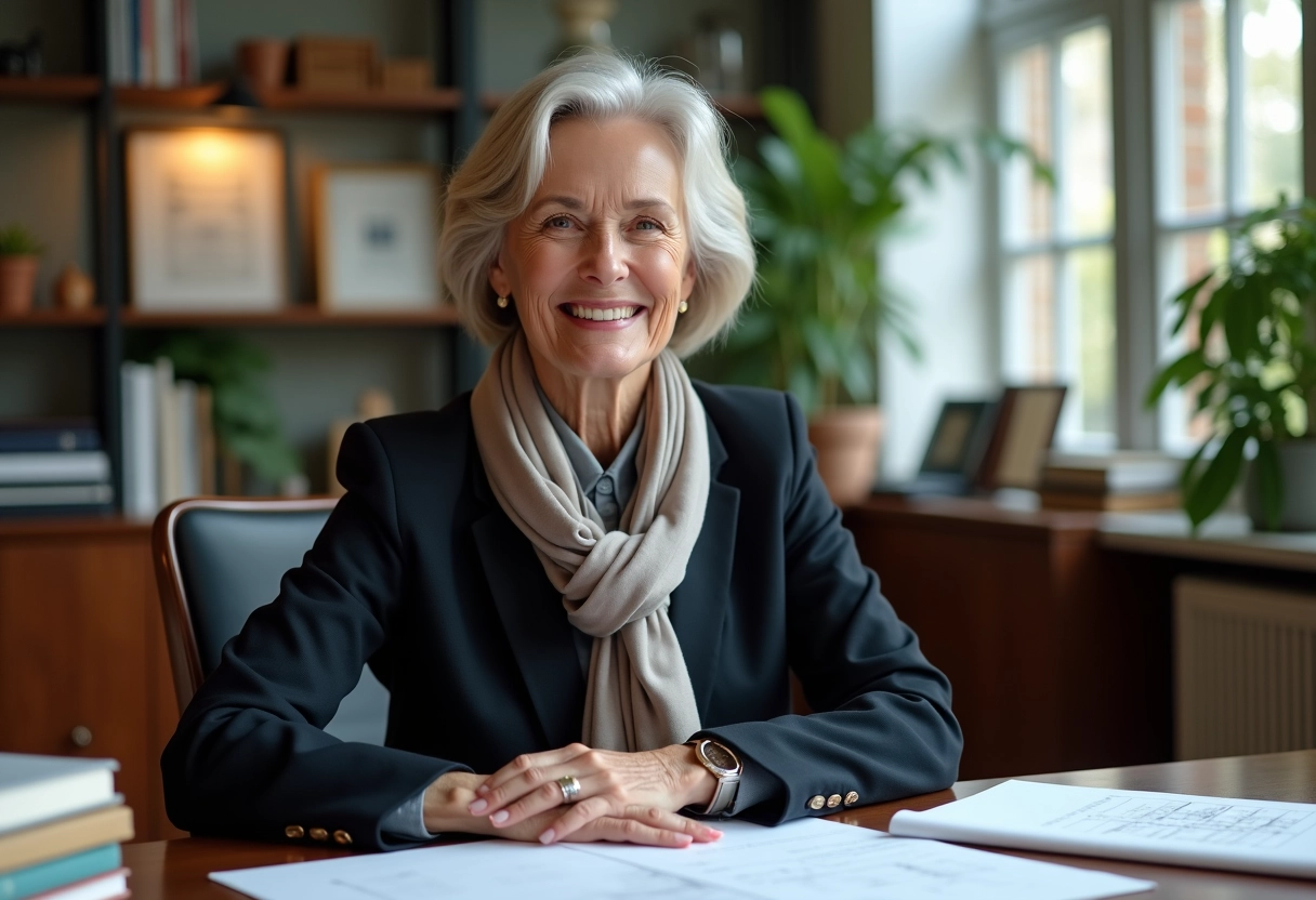 Femme française souriante dans un bureau avec plans et livres
