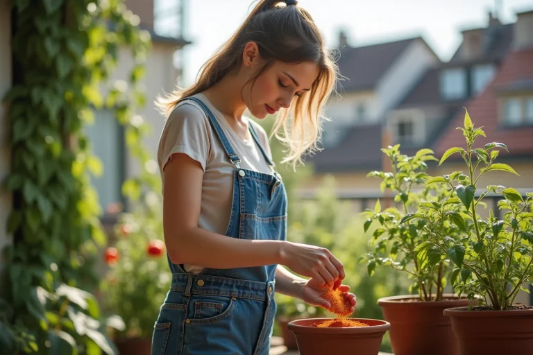 Jeune femme en overalls saupoudrant paprika sur ses plantes