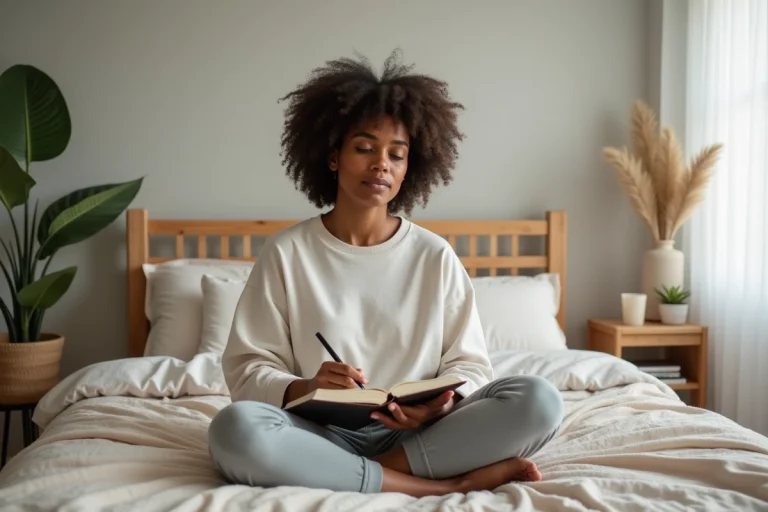 Femme en athleisure journalisant dans un lit minimaliste