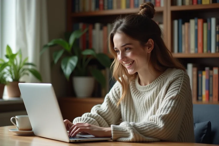 Jeune femme lisant un ebook à la maison avec tasse de thé