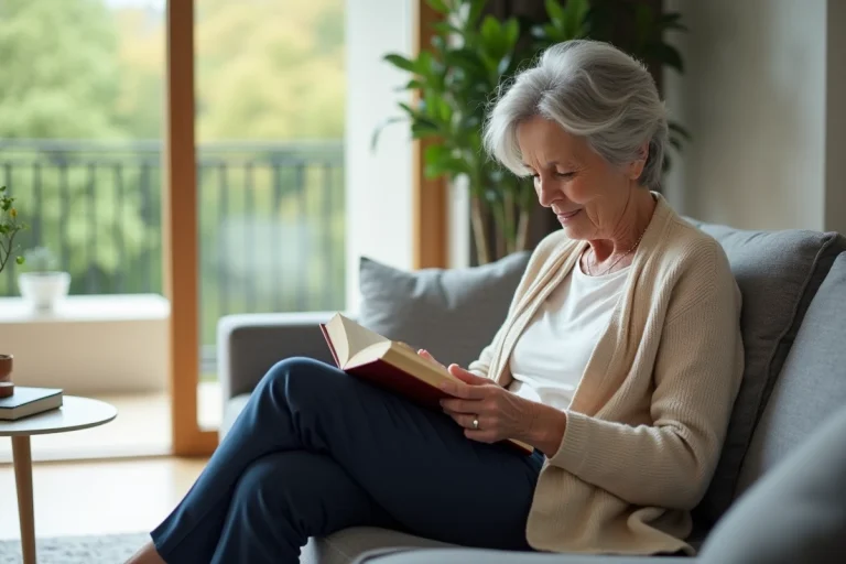 Femme âgée lisant un livre dans un salon lumineux