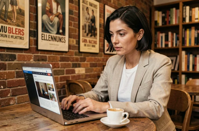 Femme consultant un média en ligne éclectique sur son ordinateur portable dans un café culturel parisien