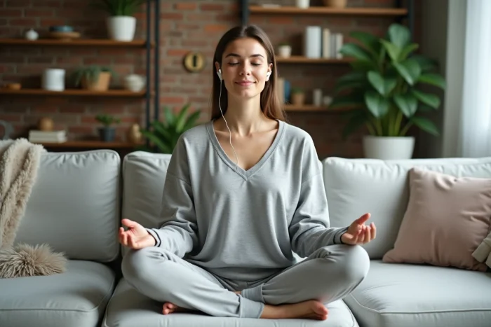 Femme méditant dans un salon moderne et paisible